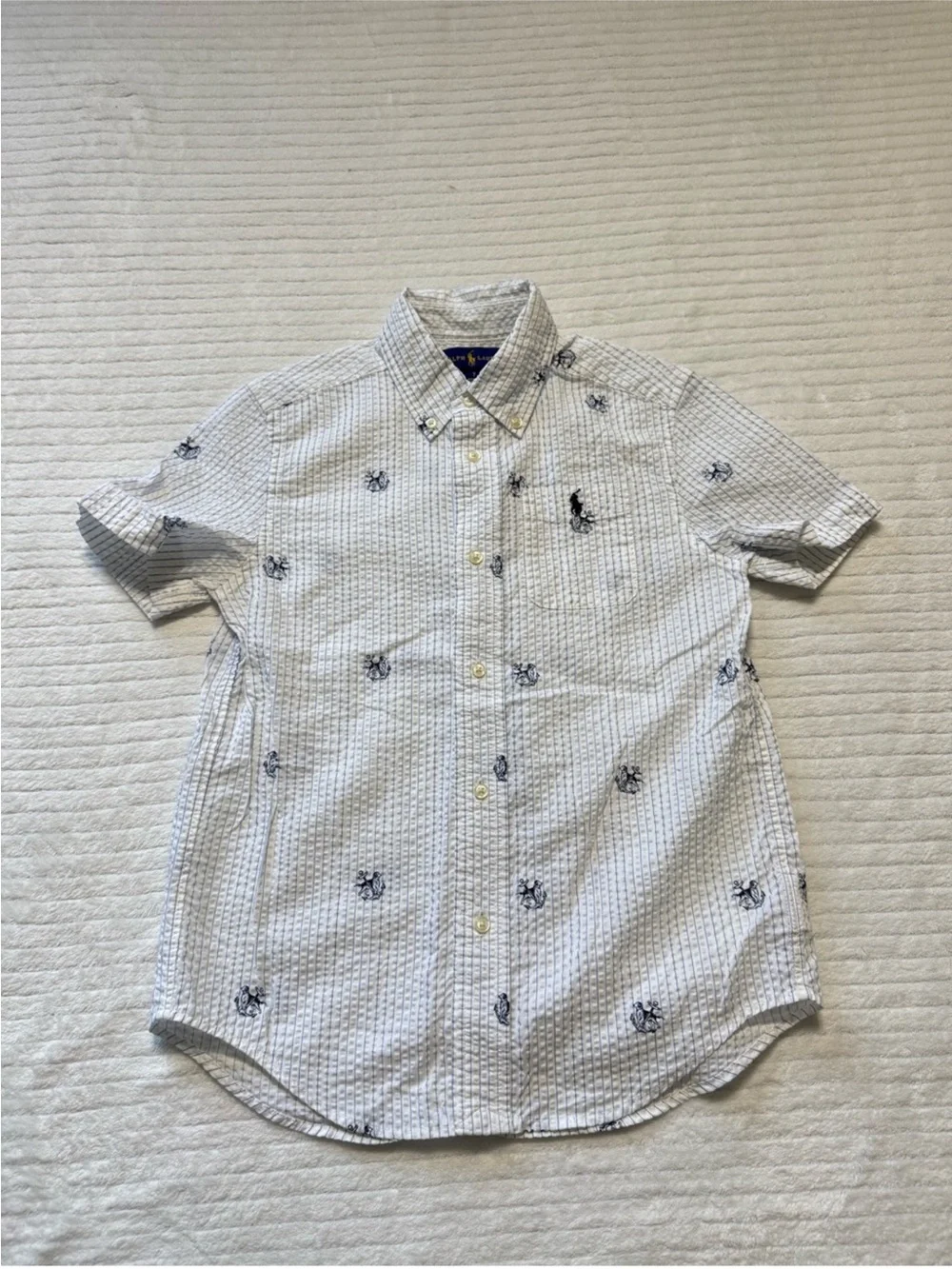 Ralph Lauren White Short-Sleeve Seersucker Button-Down with Navy Pony Embroidery